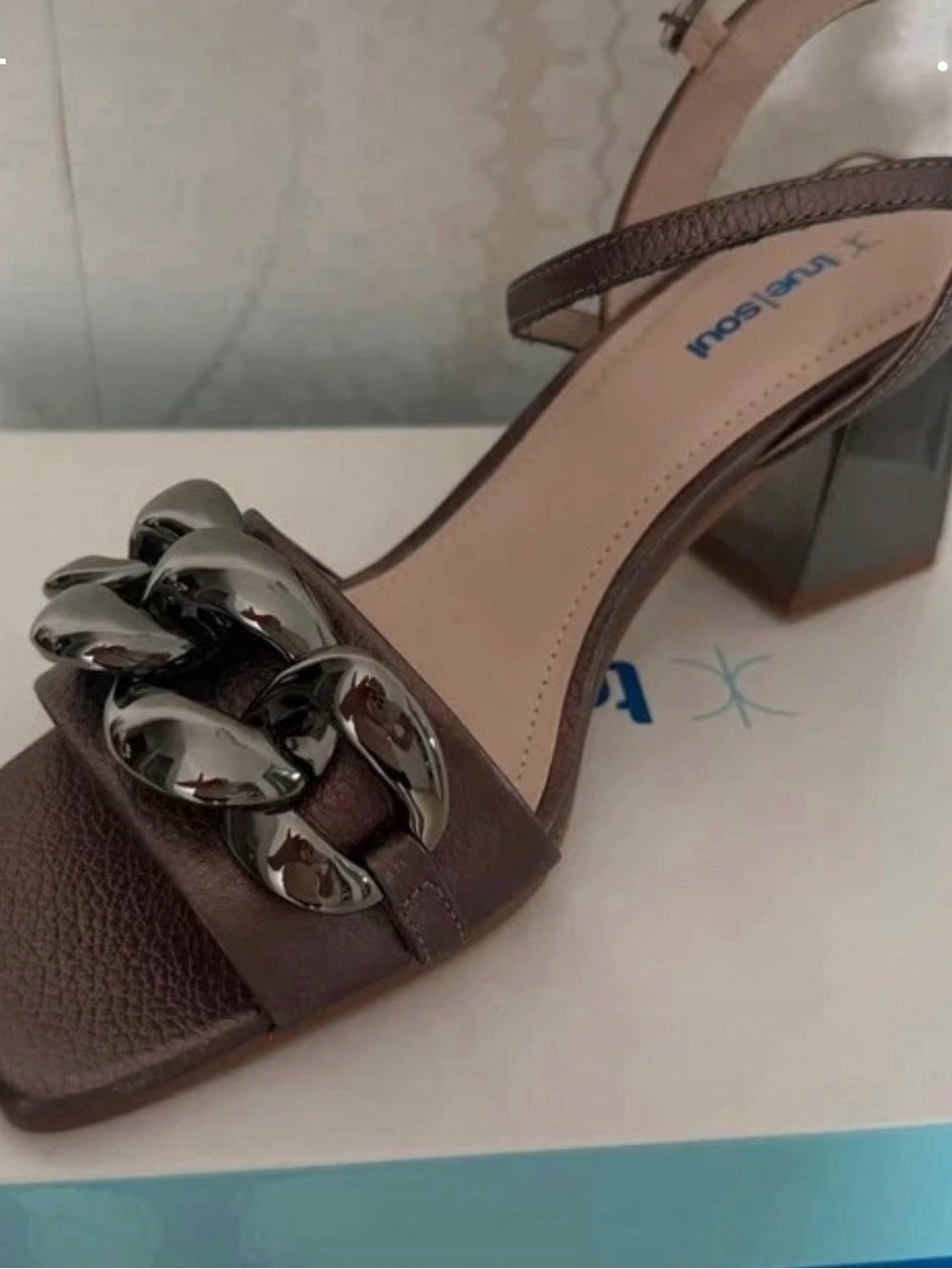 Silver Chain-Accent Block Heel Sandals